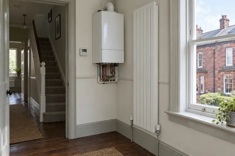 Heating engineer in Carlisle: illustration of a wall-hung boiler and a tall radiator in a sandstone terrace hallway